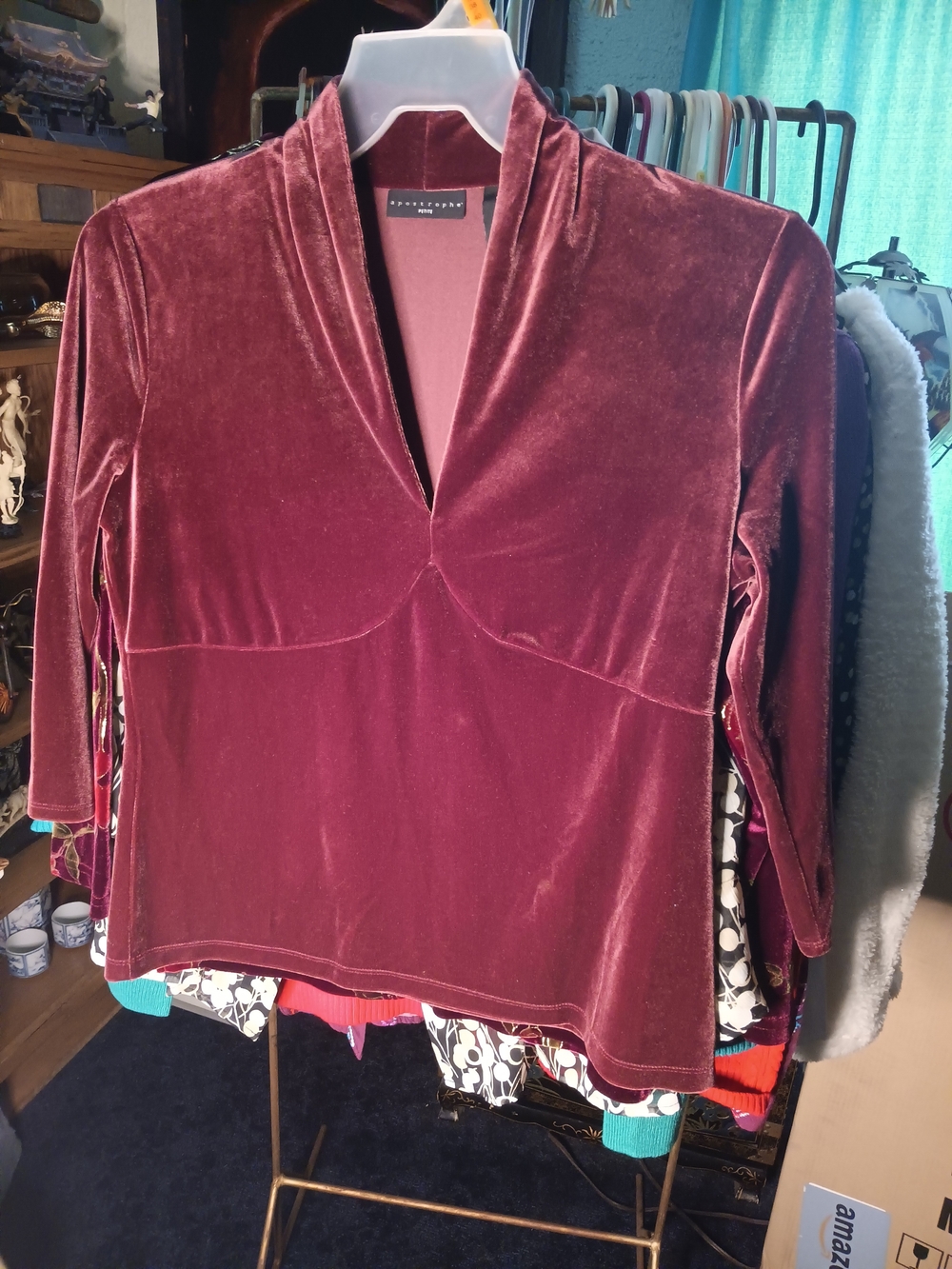 Apostrophe Velvet V-Neck Long Sleeve Top in Wine Red